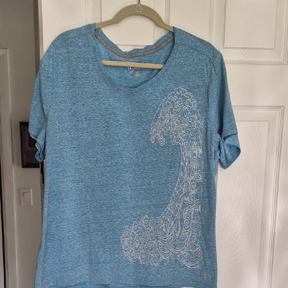 ❤️$5 DEAL Reel Legends Light Blue Wave Graphic V-Neck Tee Size 1X